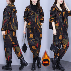 批发实拍大码女装2025加绒加厚宽松休闲时尚洋气显瘦气质连帽套装