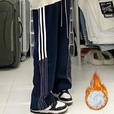 批发加绒美式复古条纹<b class='q'>运动</b>卫裤女宽松潮直筒休闲阔腿裤