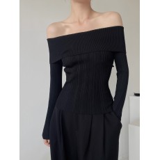 批发<b class='q'>赵</b><b class='q'>丽</b><b class='q'>颖</b>明星<b class='q'>同款</b>黑色一字肩修身针织衫秋季气质轻奢高级感露肩上衣