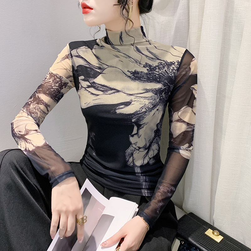 MY7230# 欧货女装2023秋冬时尚洋气长袖高领网纱t恤女定位花上衣实...