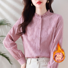 批发小立领加绒加厚<b class='q'>衬衫</b>女复古港味气质百搭秋新款设计感<b class='q'>职业</b><b class='q'>衬衣</b>