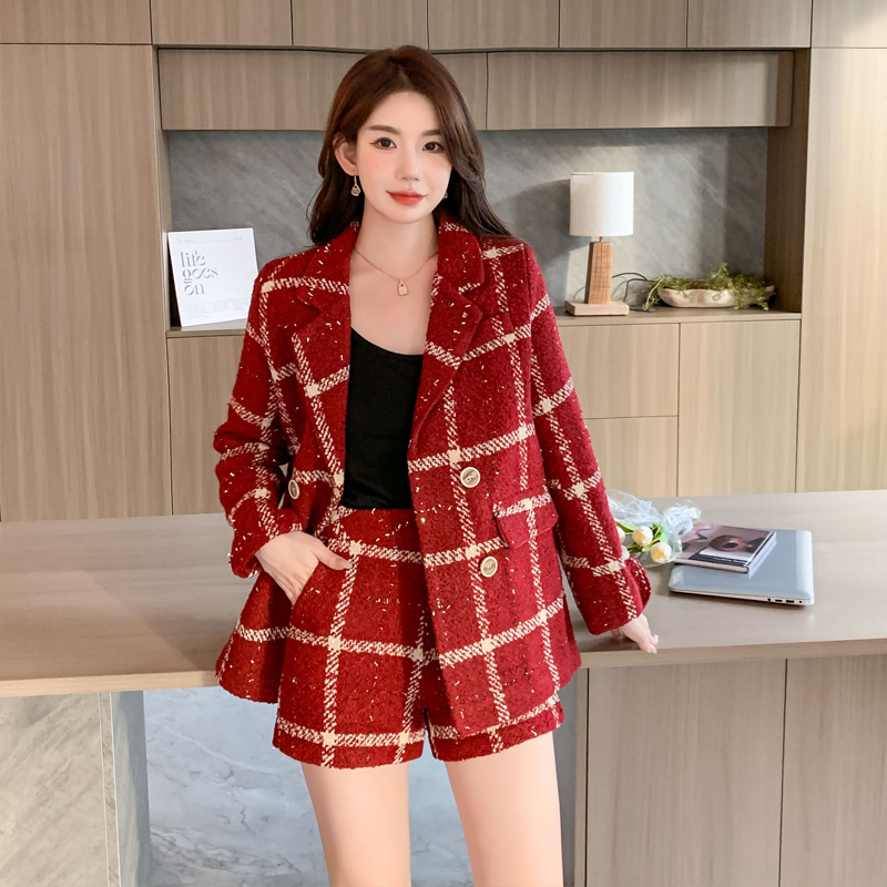 RM25661#夹棉毛呢小香风外套短裤两件套女时尚气质套装