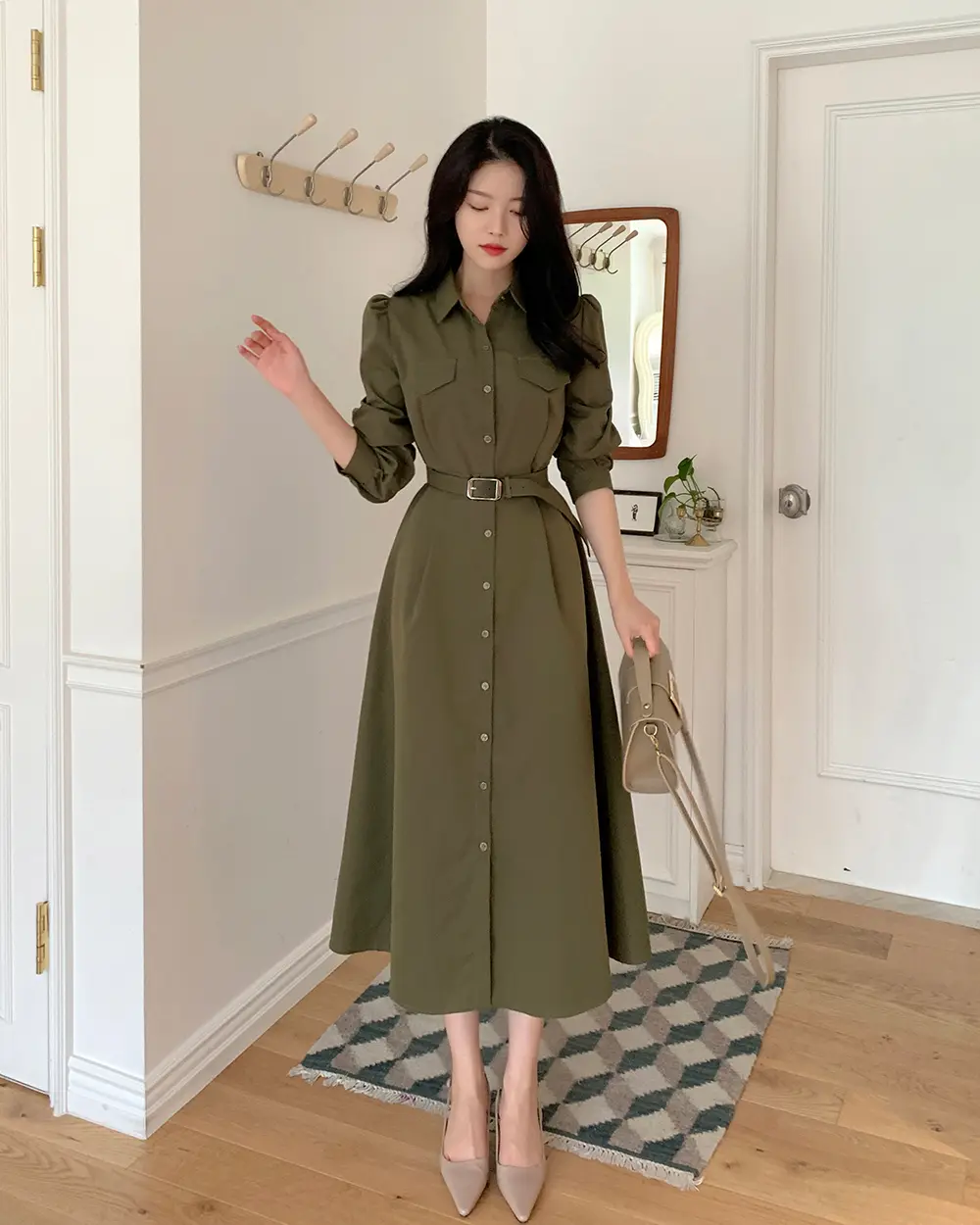 프렌치 감성 타이 끈 셔링 원피스 상세 이미지 1