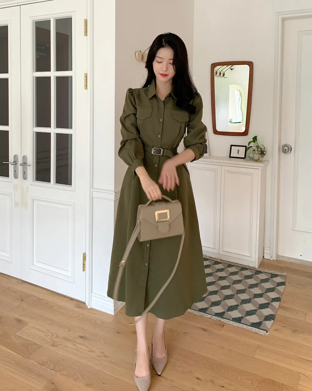 프렌치 감성 타이 끈 셔링 원피스 상세 이미지 7