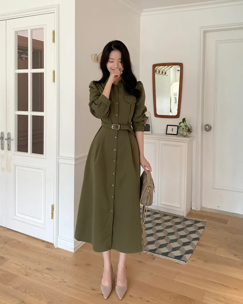 프렌치 감성 타이 끈 셔링 원피스 상세 이미지 14