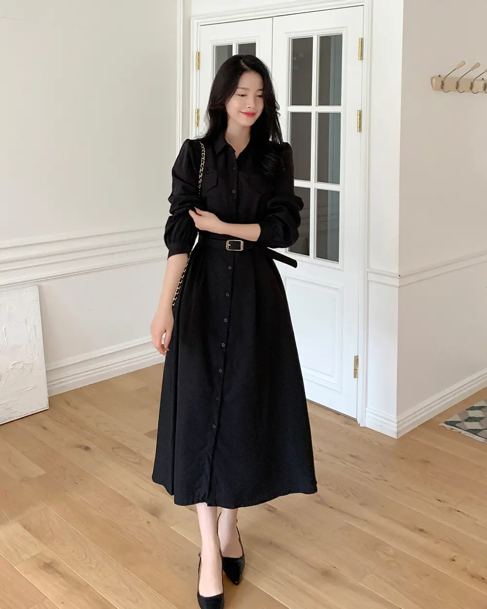 프렌치 감성 타이 끈 셔링 원피스 상세 이미지 30