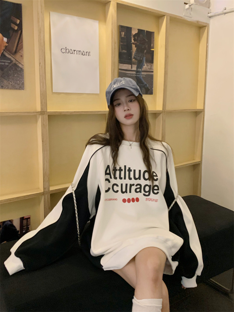 實拍 美式復古插肩衛衣女oversize撞色拼接圓領長袖寬鬆上衣潮入