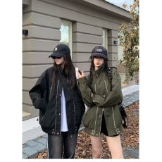 批发美式潮牌复古拉链设计感工装夹克女秋季宽松高街休闲百搭情侣外套