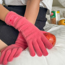 批发ins分指手套 毛线五指手套布标针织羊毛长款手套女