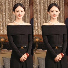 批发<b class='q'>赵</b><b class='q'>丽</b><b class='q'>颖</b>明星<b class='q'>同款</b>黑色一字肩修身针织衫秋季气质轻奢高级感露肩上衣