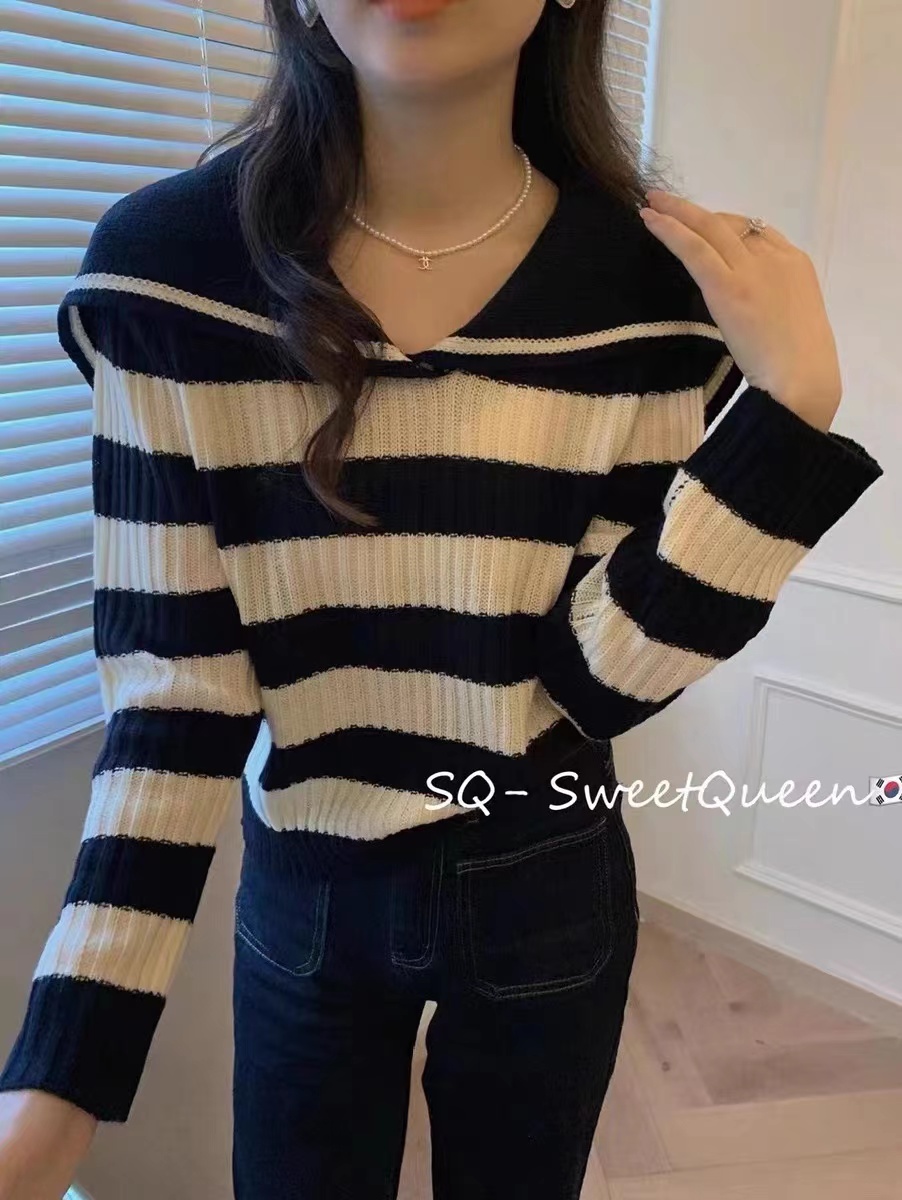 2023 new black and white striped navy collar pullover sweater for women autumn and winter design niche soft waxy sweater long sleeves