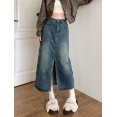 批发实拍复古<b class='q'>牛仔</b>半身裙女春秋季中长款遮胯显瘦高腰a字开叉包臀裙