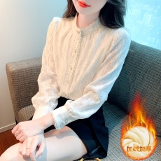 冬季新款韩版加绒加厚蕾丝打底衫立领泡泡袖上衣气质显瘦女小衫