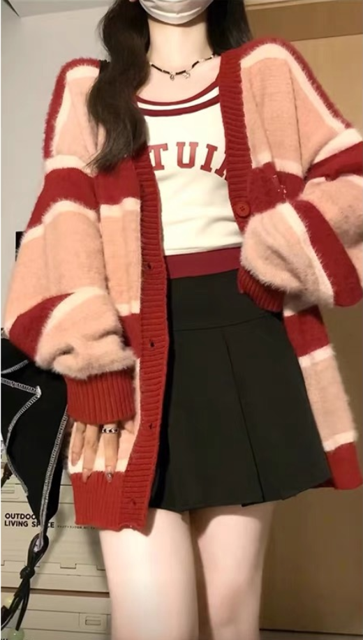 復古撞色條紋仿水貂絨毛衣女秋冬外穿寬鬆慵懶風軟糯針織開衫外套
