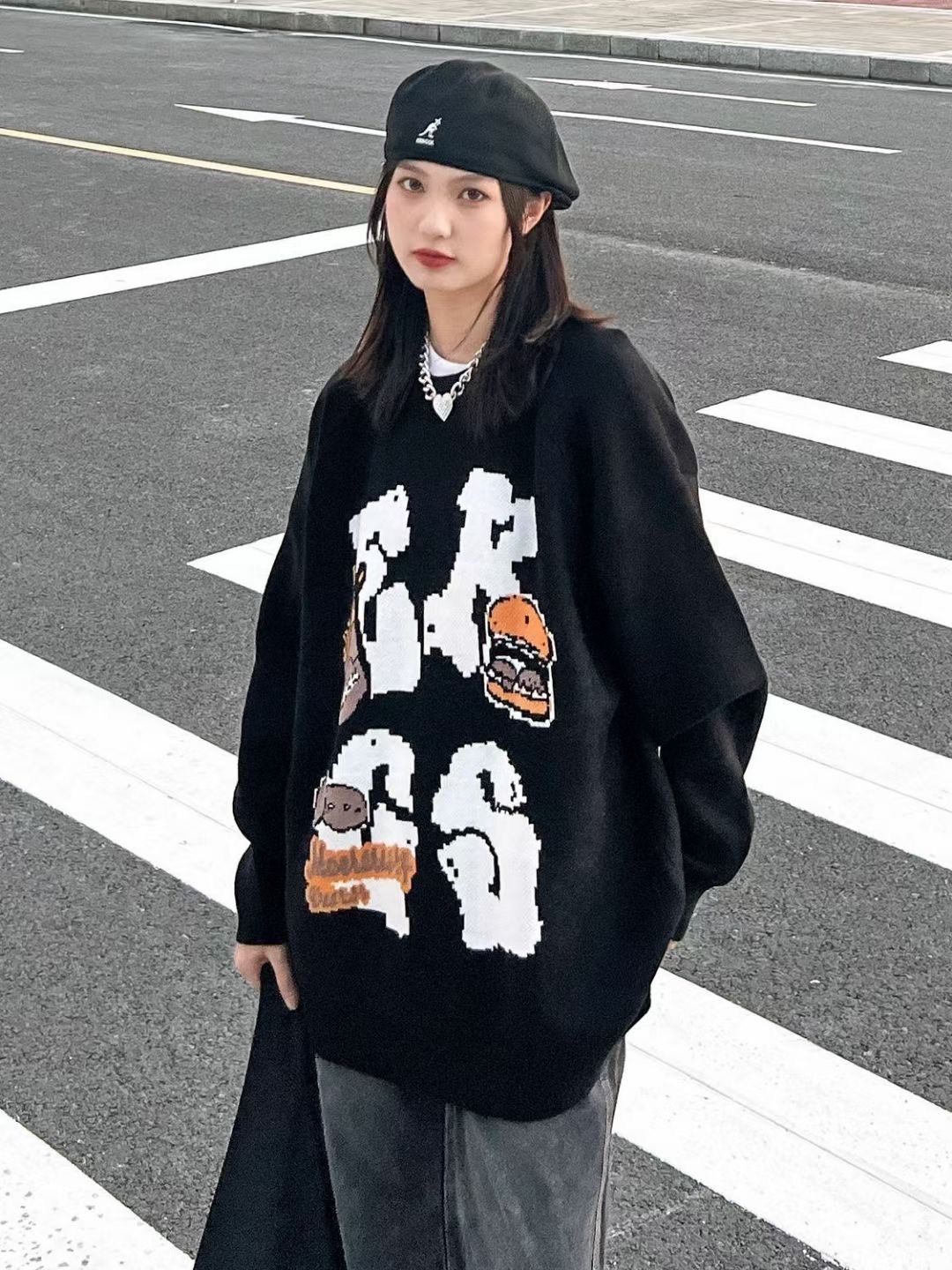 美式復古提花毛衣女秋冬2023新款oversize慵懶風針織衫外套