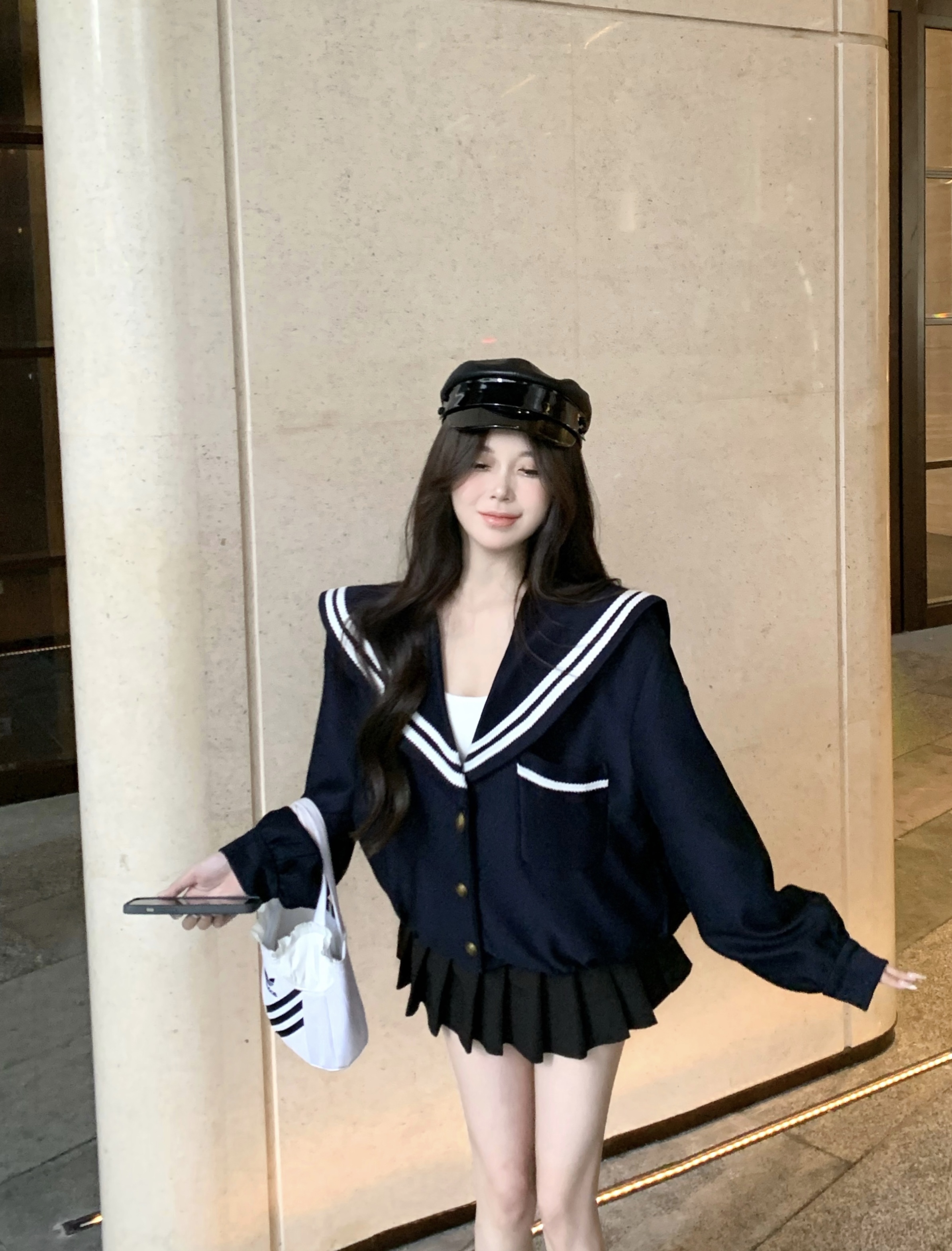 Elegant navy collar jacket, loose navy blue retro large lapel cardigan, college style sailor collar jacket