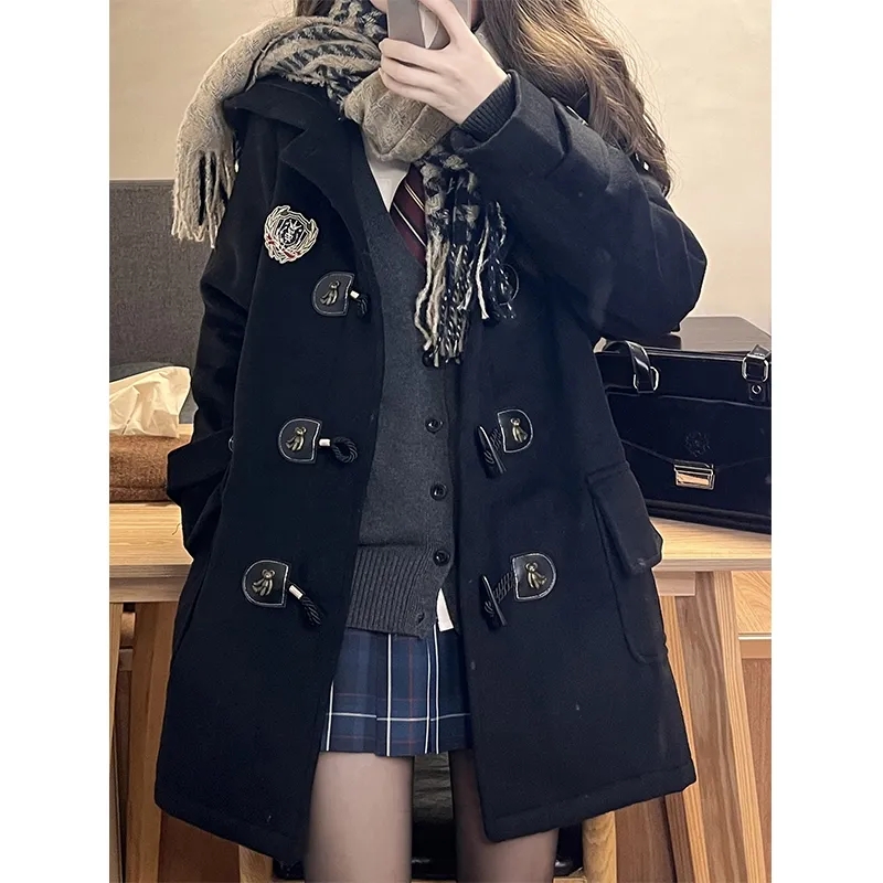 Autumn and winter  new college style horn button coat winter black women's woolen jk uniform mid-length coat