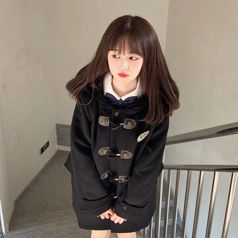 Autumn and winter  new college style horn button coat winter black women's woolen jk uniform mid-length coat