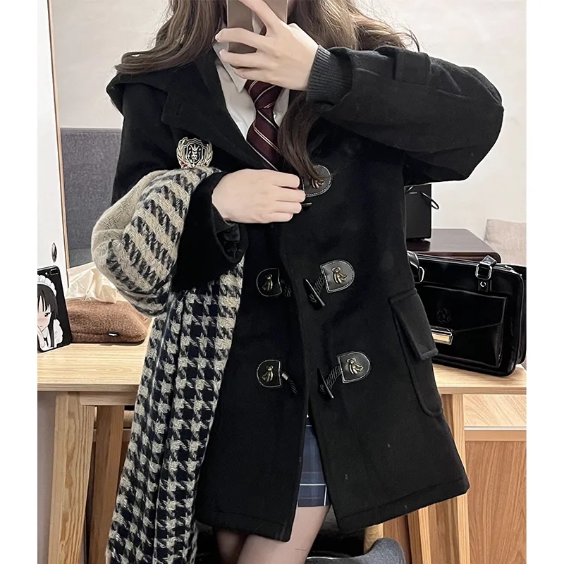 Autumn and winter  new college style horn button coat winter black women's woolen jk uniform mid-length coat