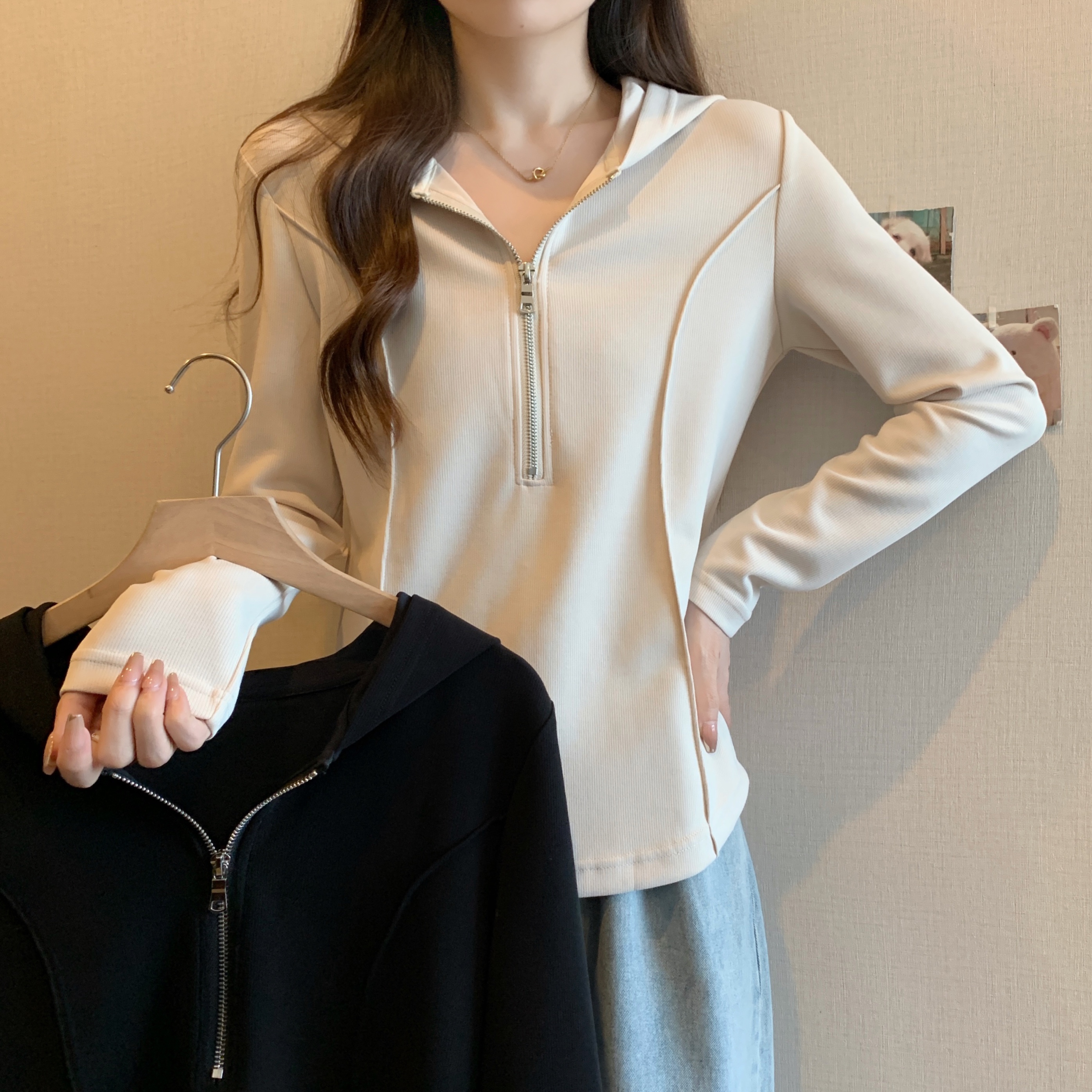 실사 지방 mm 빅 사이즈 긍정적 인 어깨 작은 대중 늑골 피부 느낌 후드 지퍼 후드티 루즈핏 슬림해 보이는 긴팔 맨위