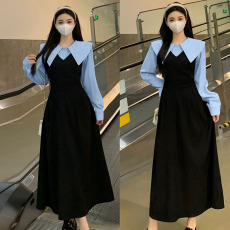 批发官图#捻丝乱麻学院风假两件长袖<b class='q'>连衣裙</b>收腰显瘦A字裙长裙子