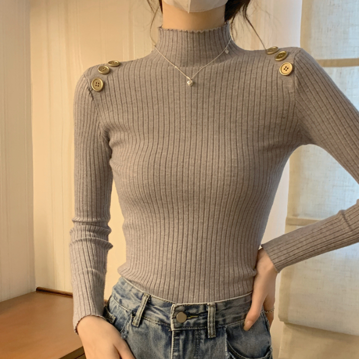 Real shot of core-spun yarn, half-turtleneck sweater for women, fashionable western-style button long-sleeved top, bottoming sweater