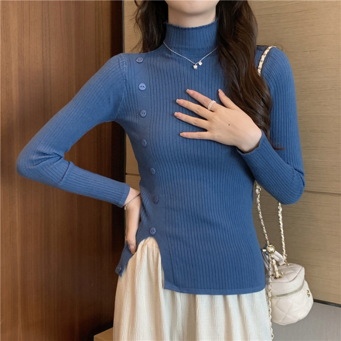 Real shot core-spun yarn half-turtleneck sweater for women fashionable buttoned long-sleeved top bottoming sweater