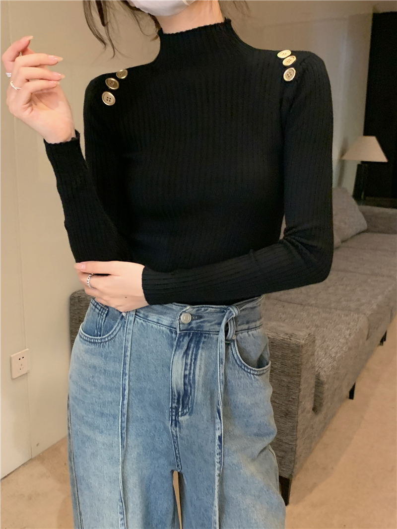 Real shot of core-spun yarn, half-turtleneck sweater for women, fashionable western-style button long-sleeved top, bottoming sweater