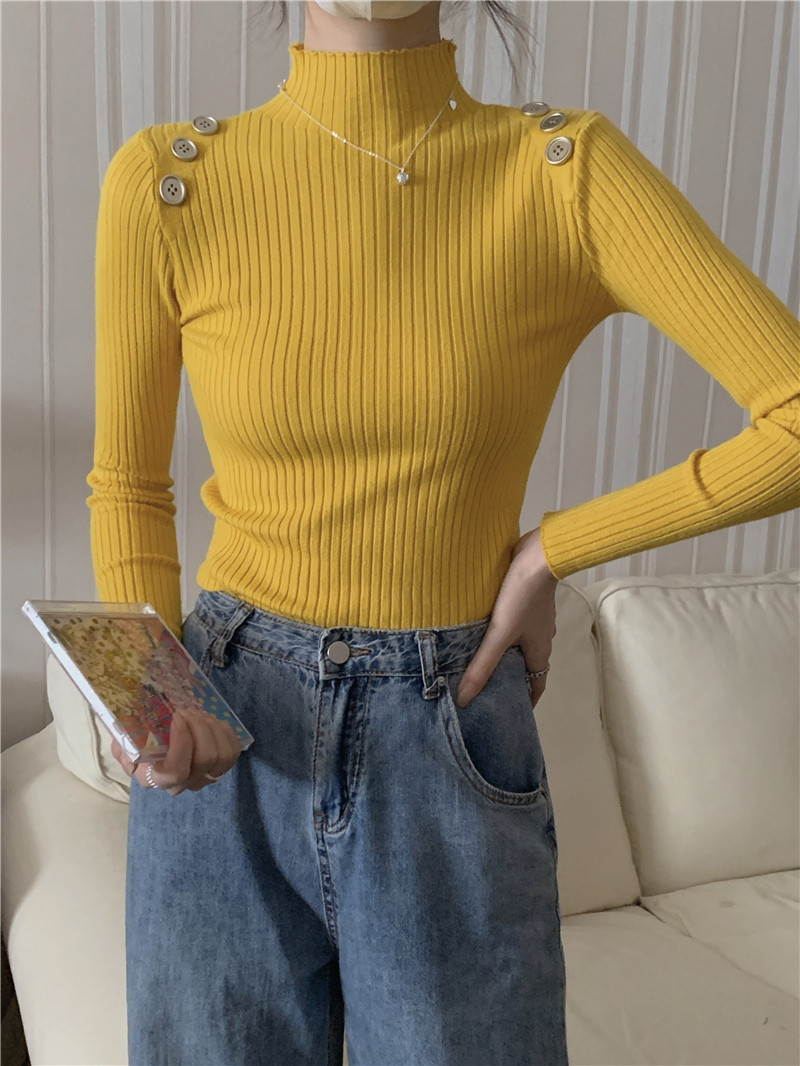 Real shot of core-spun yarn, half-turtleneck sweater for women, fashionable western-style button long-sleeved top, bottoming sweater