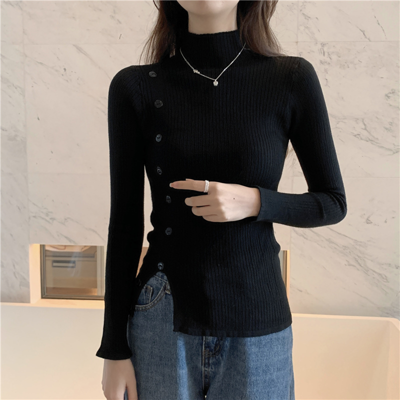 Real shot core-spun yarn half-turtleneck sweater for women fashionable buttoned long-sleeved top bottoming sweater