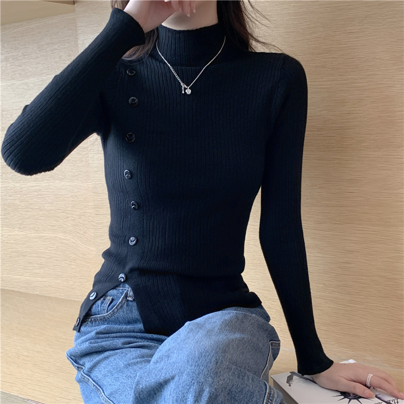 Real shot core-spun yarn half-turtleneck sweater for women fashionable buttoned long-sleeved top bottoming sweater