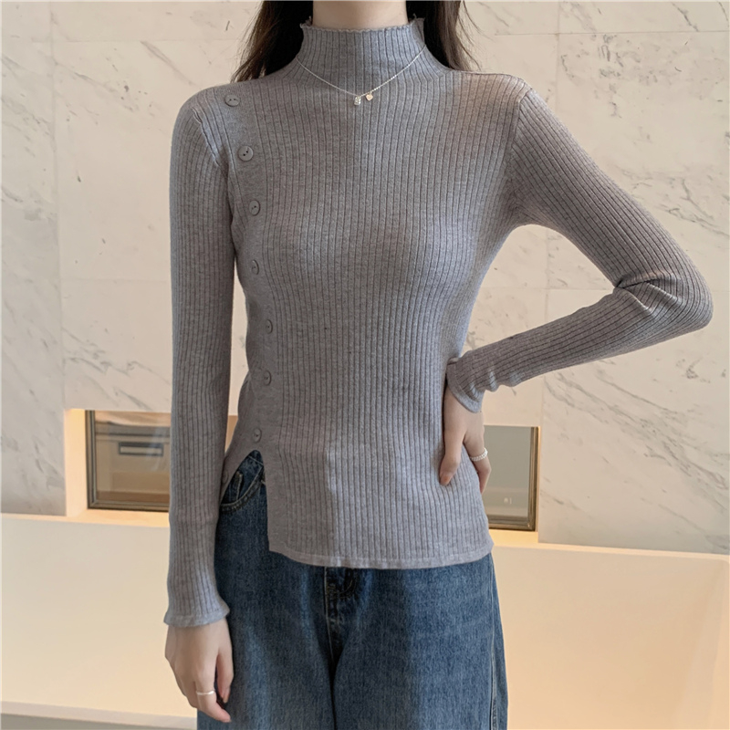 Real shot core-spun yarn half-turtleneck sweater for women fashionable buttoned long-sleeved top bottoming sweater