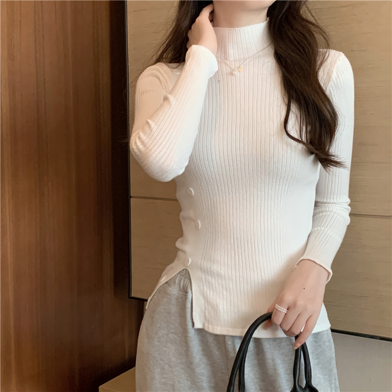 Real shot core-spun yarn half-turtleneck sweater for women fashionable buttoned long-sleeved top bottoming sweater