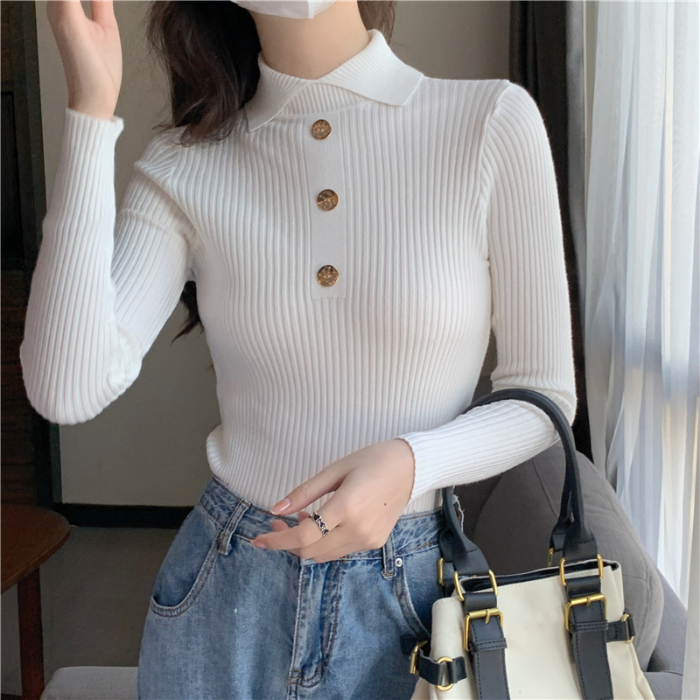 Real shot of core-spun yarn, half-turtleneck sweater for women, fashionable western-style button long-sleeved top, bottoming sweater