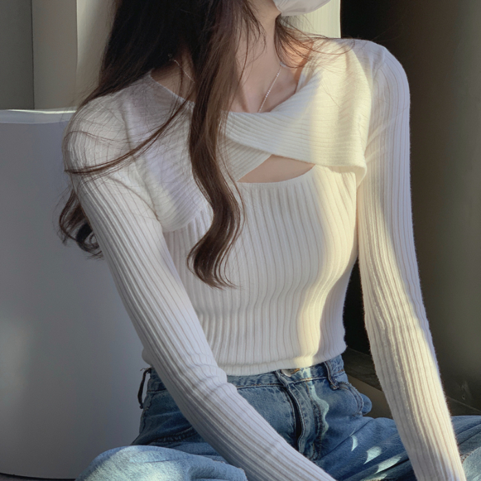 Real shot core-spun yarn cross knitted sweater for women fashionable buttoned long-sleeved top bottoming sweater