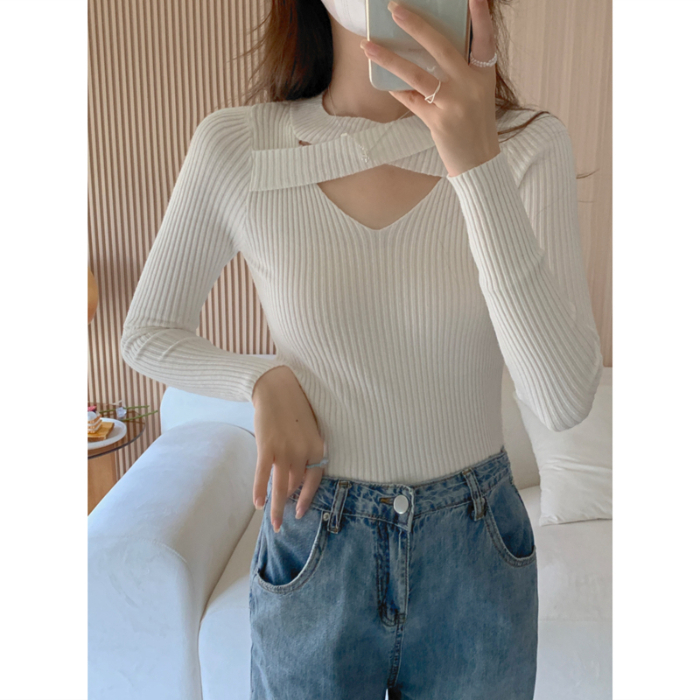 Actual shot ~ core-spun yarn half-turtleneck sweater for women, fashionable and stylish button-down long-sleeved top bottoming sweater