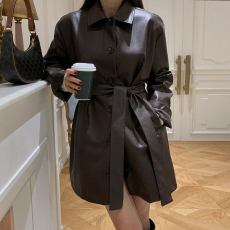 批发尺寸已更新 黑色皮衣外套女秋季中长款新款高级感收腰显瘦风衣