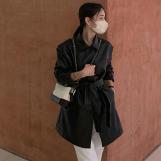 批发尺寸已更新 黑色皮衣外套女秋季中长款新款高级感收腰显瘦风衣