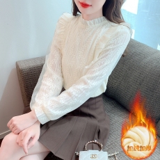 批发法式木耳边立领衬衫女冬装2026新款网纱长袖加绒加厚<b class='q'>蕾丝</b>打底<b class='q'>上衣</b>