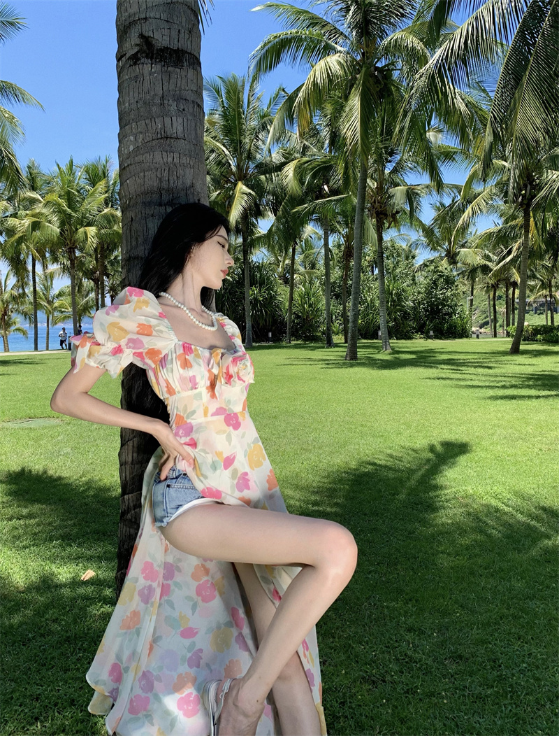 분말 눈 장미 거품 소매 경 사진 높음 트임 디자인 드레스 여자 칼라 허리 수축 휴가 치마