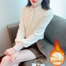 法式翻领蕾丝衬衫女2026年秋冬新款设计感小众加绒加厚打底衫上衣