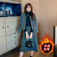 实拍冬季2023年新款时尚名媛小香风高级感毛呢套装气质保暖两件套