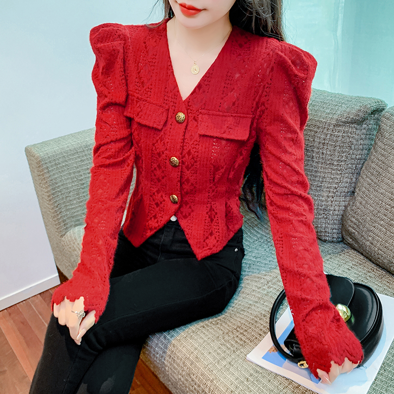 PF22538# 复古红色v领衬衫女春秋季设计感小众法式气质泡泡袖别致收腰上衣女裝貨源服裝批發