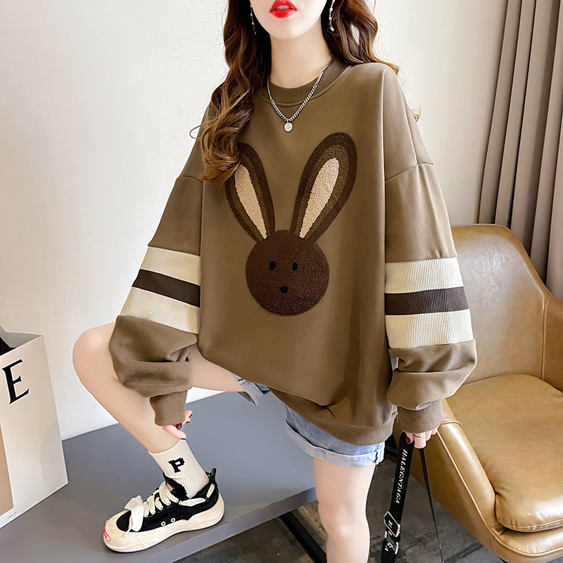 MY13885# 女裝貨源韩版华棉复合牛奶丝美式复古兔子绣花圆领卫衣慵懒风...