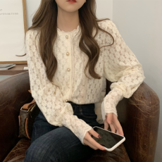 批发秋<b class='q'>冬</b>装新款大码女装胖MM甜美泡泡袖勾花洋气打底蕾丝衫