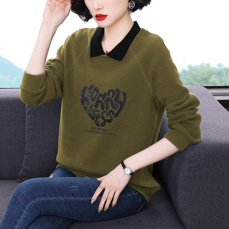 배색 POLO 칼라 긴팔 후드티 여성 2026 봄 새로운 풀오버 미니멀리즘 중년 여성 캐주얼 가을 어깨 소매 티셔츠