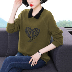 批发撞色POLO领长袖卫衣女2026春新款套头简约中年女士休闲落肩袖T恤