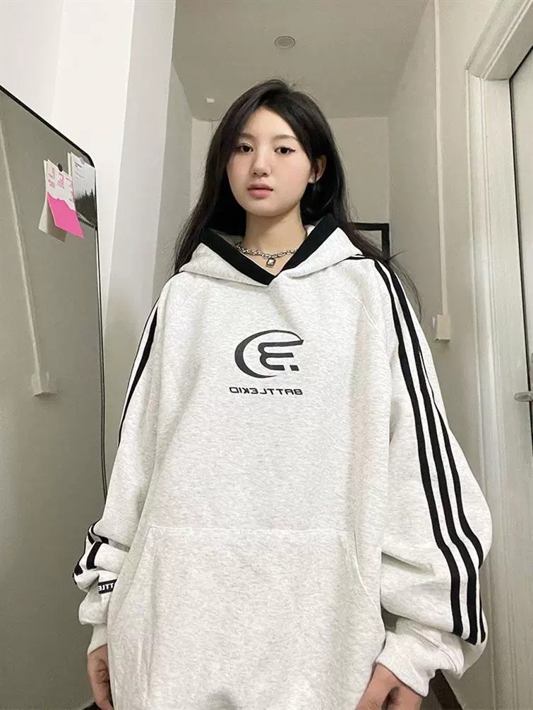 美式复古hiphop三条杠卫衣女秋冬连帽小众oversize新款