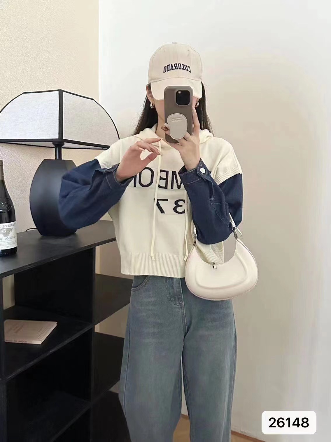 2023秋冬新款韓版慵懶風套頭帶帽衛衣拼接牛仔袖上衣女