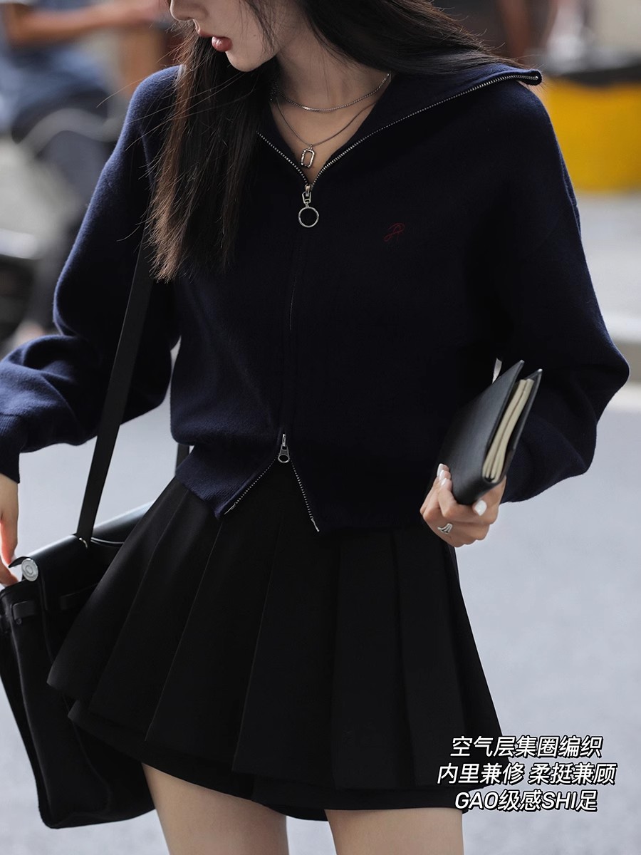 夏詩文 老錢衛衣 美式復古拉鏈翻領灰色短款針織開衫女秋百搭上衣